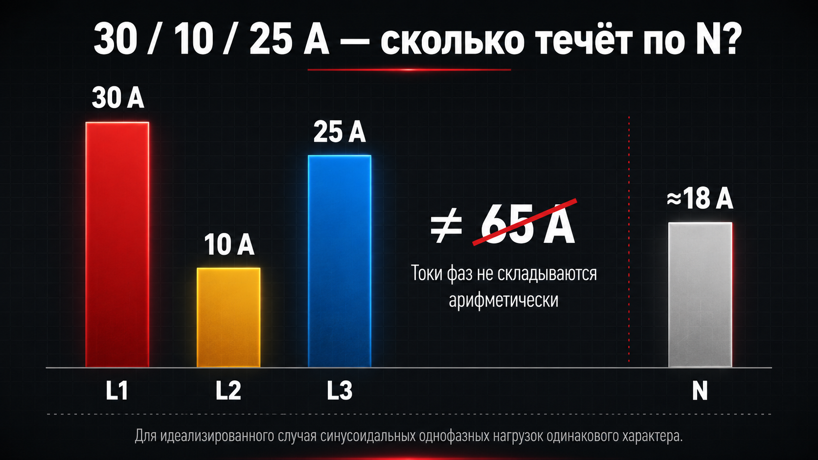 Расчёт тока нейтрали при нагрузке 30, 10 и 25 ампер